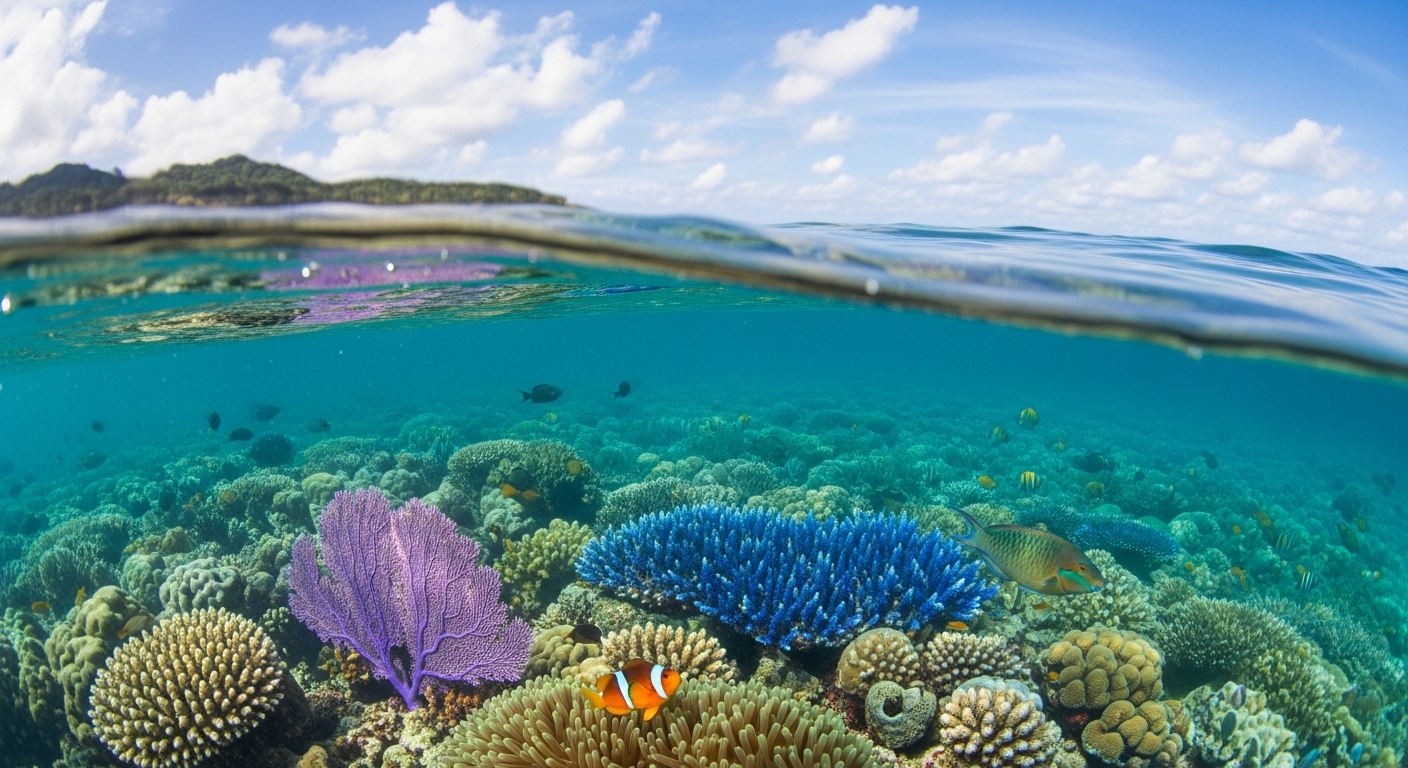 Türkisblaues Wasser und Korallen auf Koh Tao bei perfektem Tauchwetter