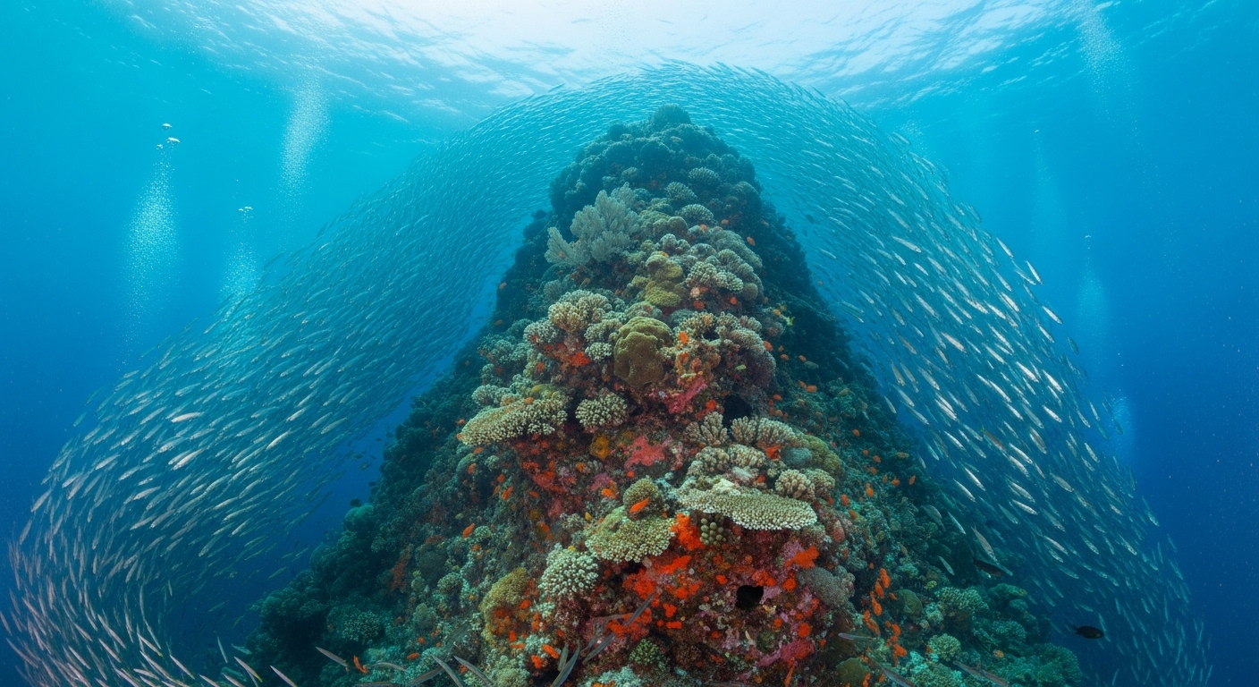 Taucher an Chumphon Pinnacle Koh Tao – Barrakudas und Korallenfelsen im blauen Wasser