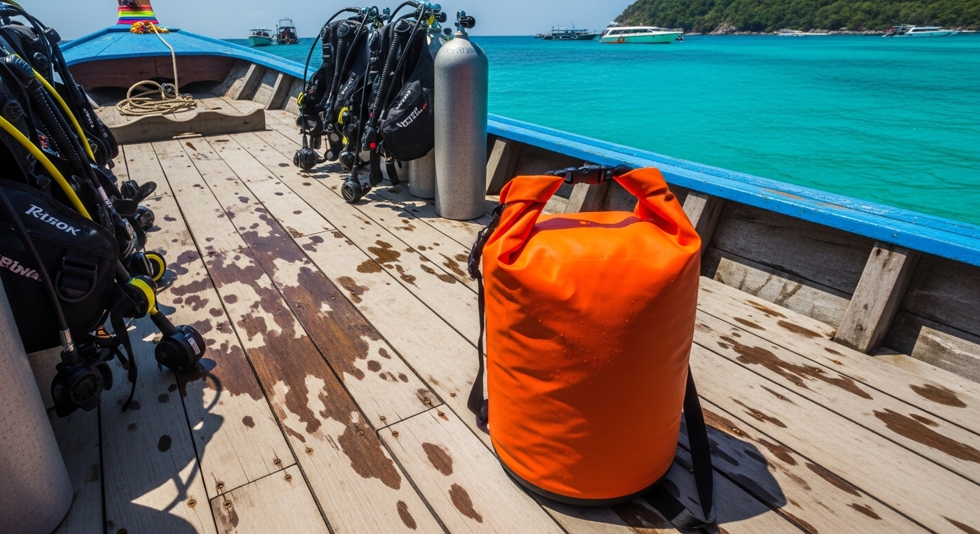 Wasserdichter Dry Bag auf einem Tauchboot in Thailand mit tropischem Meer im Hintergrund