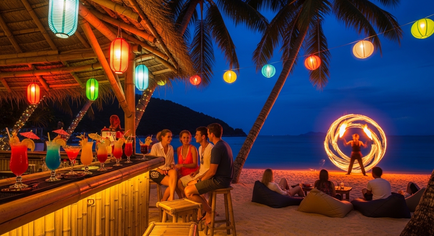 Beleuchtete Strandbar am Sairee Beach auf Koh Tao bei Nacht