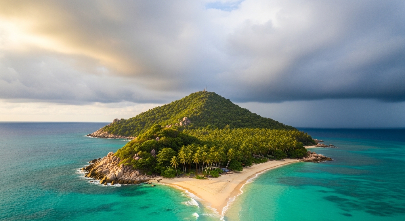 Koh Tao Wetter bei Sonnenuntergang mit tropischen Wolken über ruhigem Meer