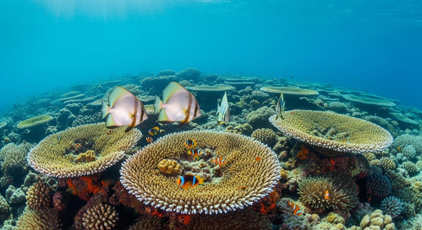 Flacher Korallengarten in der Mango Bay auf Koh Tao mit bunten Fischen im klaren Wasser
