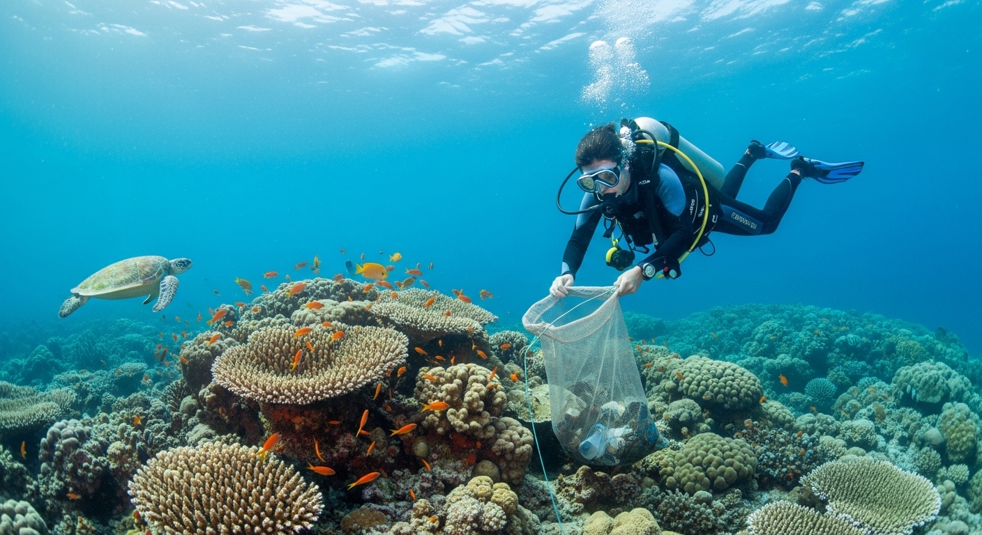 Taucher sammelt Müll unter Wasser auf Koh Tao