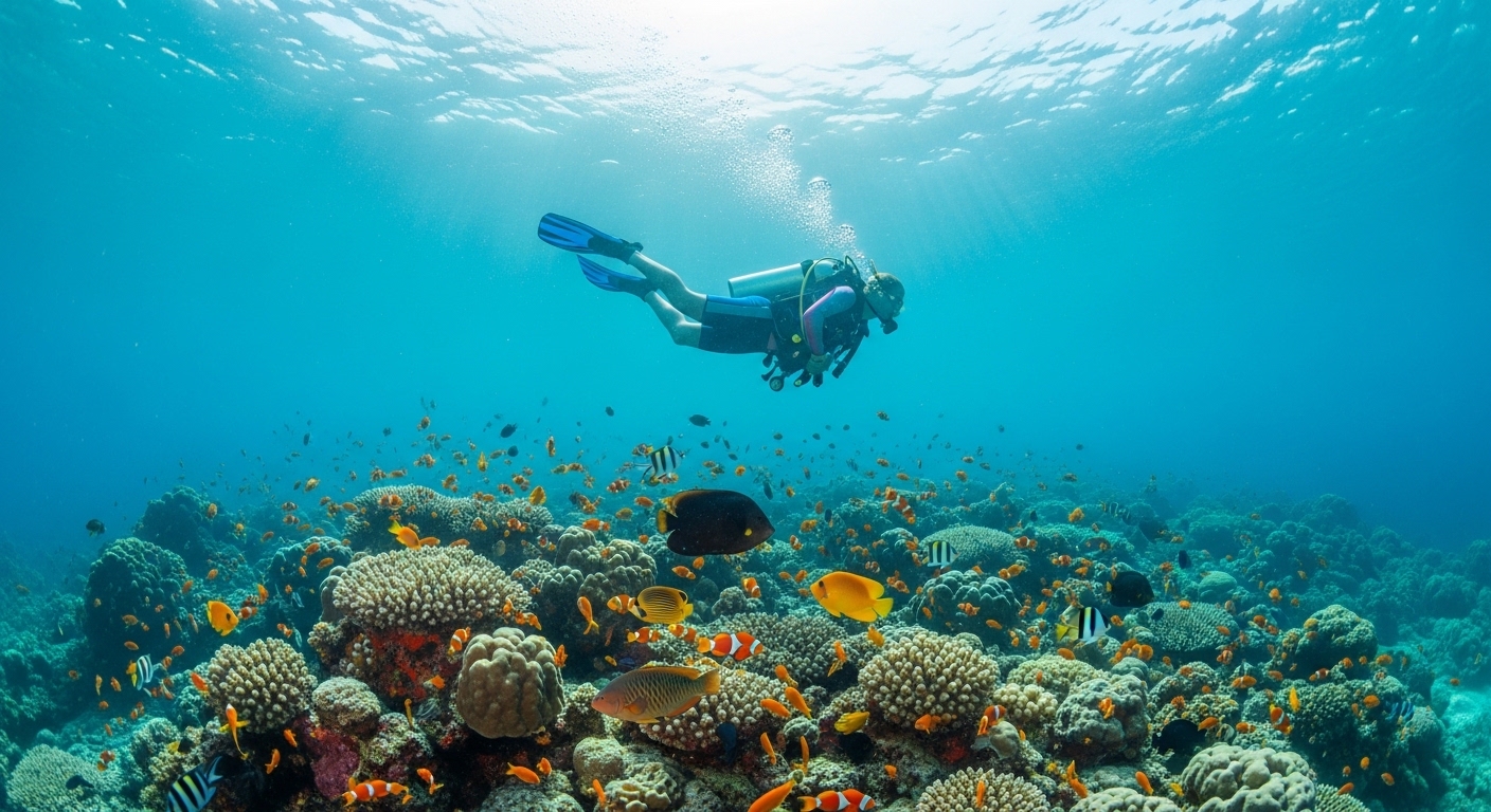 Taucher im 3mm Neoprenanzug unter Wasser bei tropischen Korallen auf Koh Tao