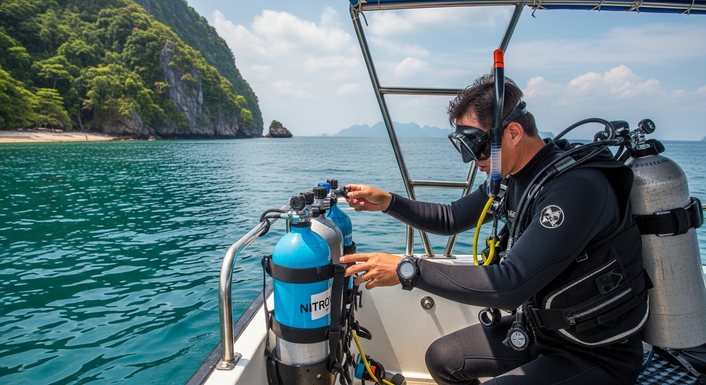 Taucher prüft Nitrox-Flasche am Boot vor der Küste von Koh Tao