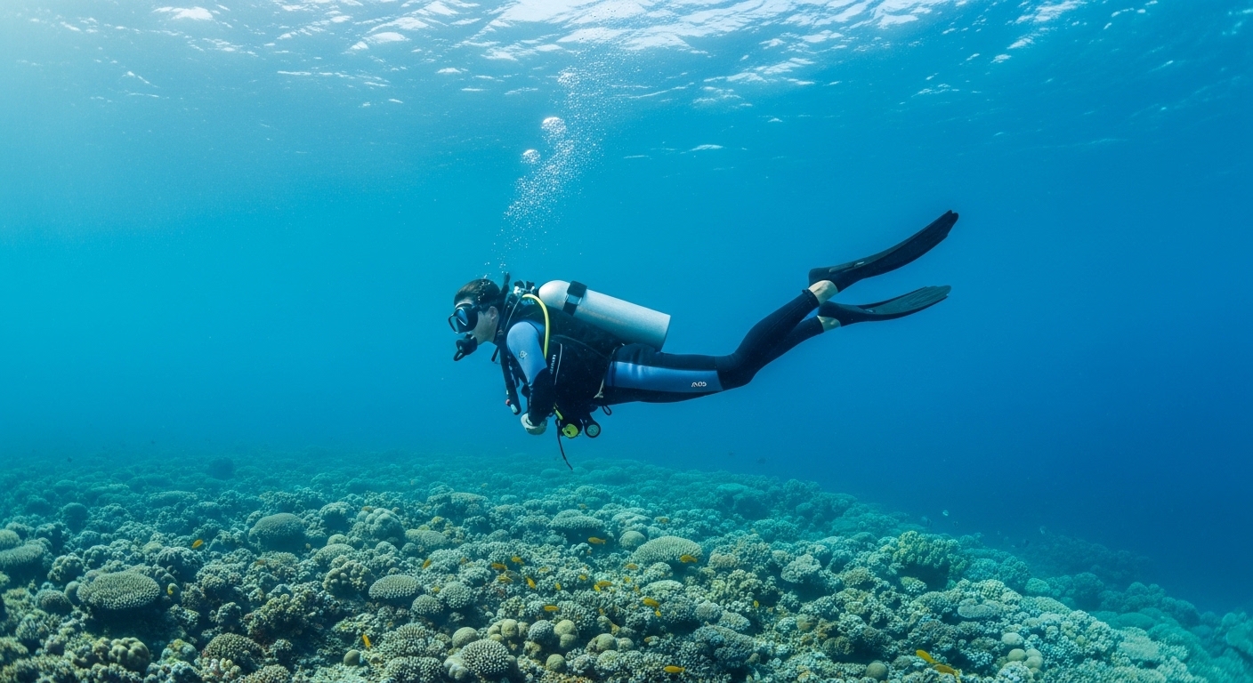 Taucher schwebt in perfekter horizontaler Position über einem Korallenriff auf Koh Tao