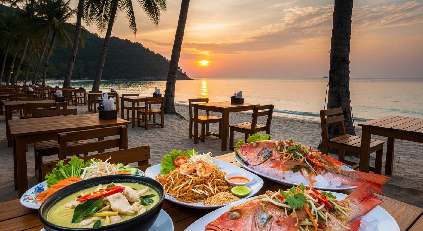 Strandrestaurant auf Koh Tao bei Sonnenuntergang mit Thai-Gerichten auf dem Tisch