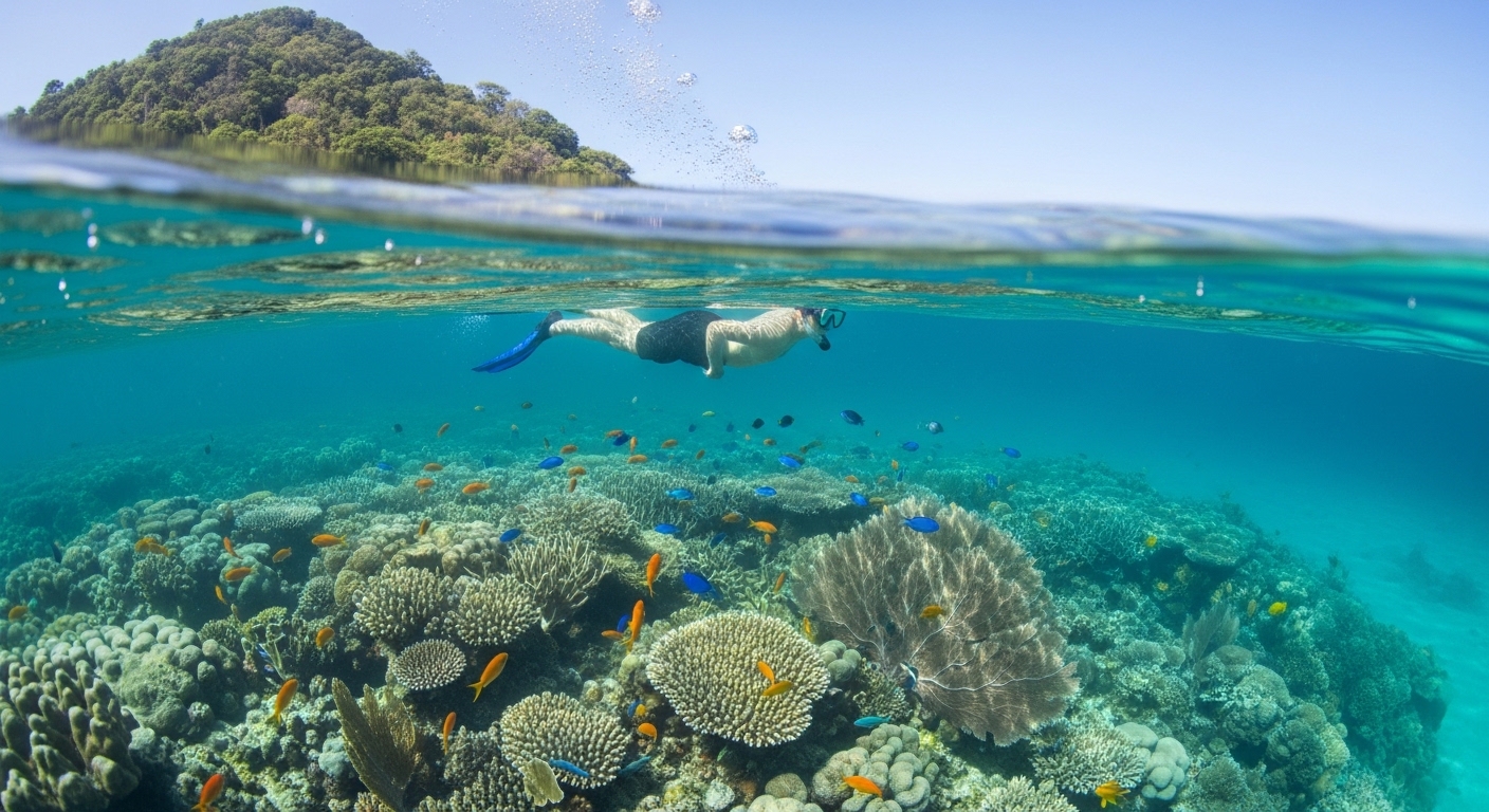 Schnorcheln im türkisblauen Wasser über Korallenriff bei Koh Tao Thailand