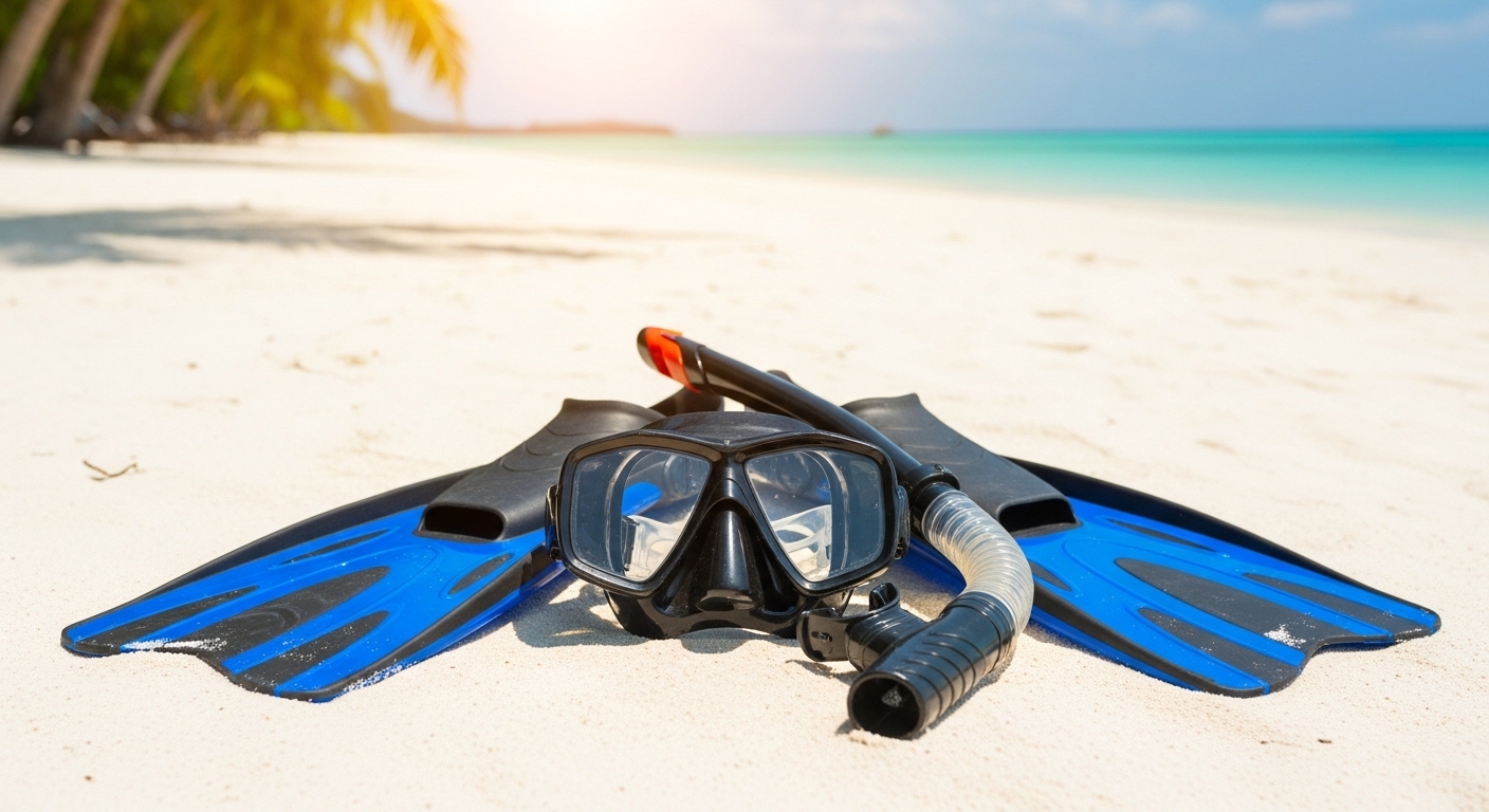 Schnorchelset mit Maske Schnorchel und Flossen am tropischen Strand in Thailand