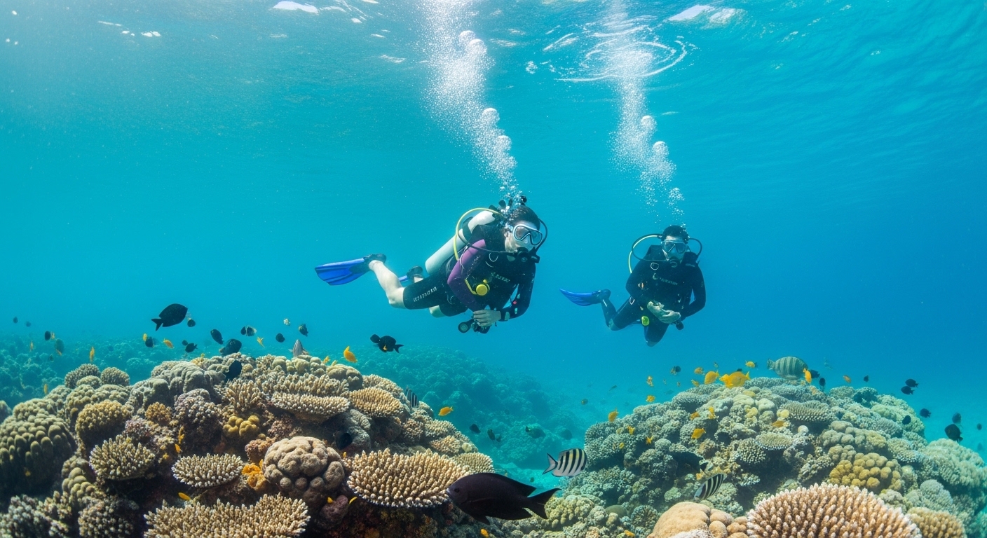 Schnuppertaucher mit Instructor unter Wasser vor Korallen auf Koh Tao
