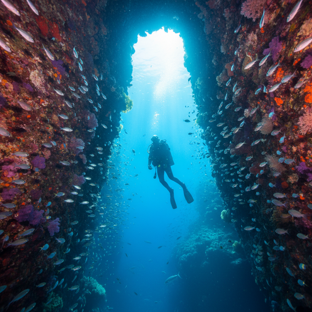 Taucher erkundet die Chimney am Sail Rock bei einer speziellen Tagestour ab Koh Tao