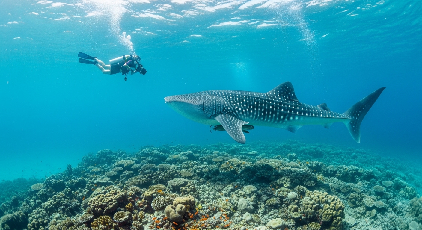 Kristallklares Wasser mit Taucher über buntem Korallenriff auf Koh Tao im April