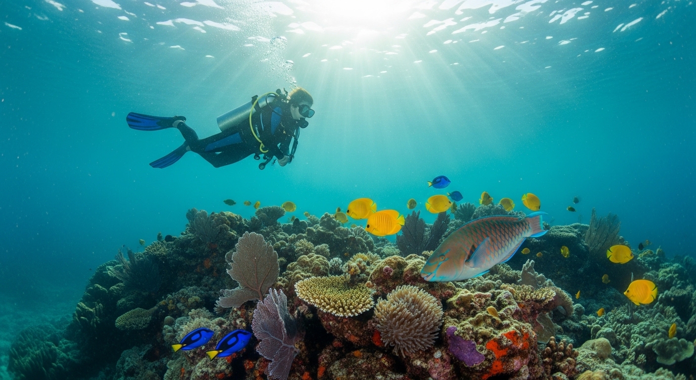 Klares Wasser über Korallenriff auf Koh Tao im Februar
