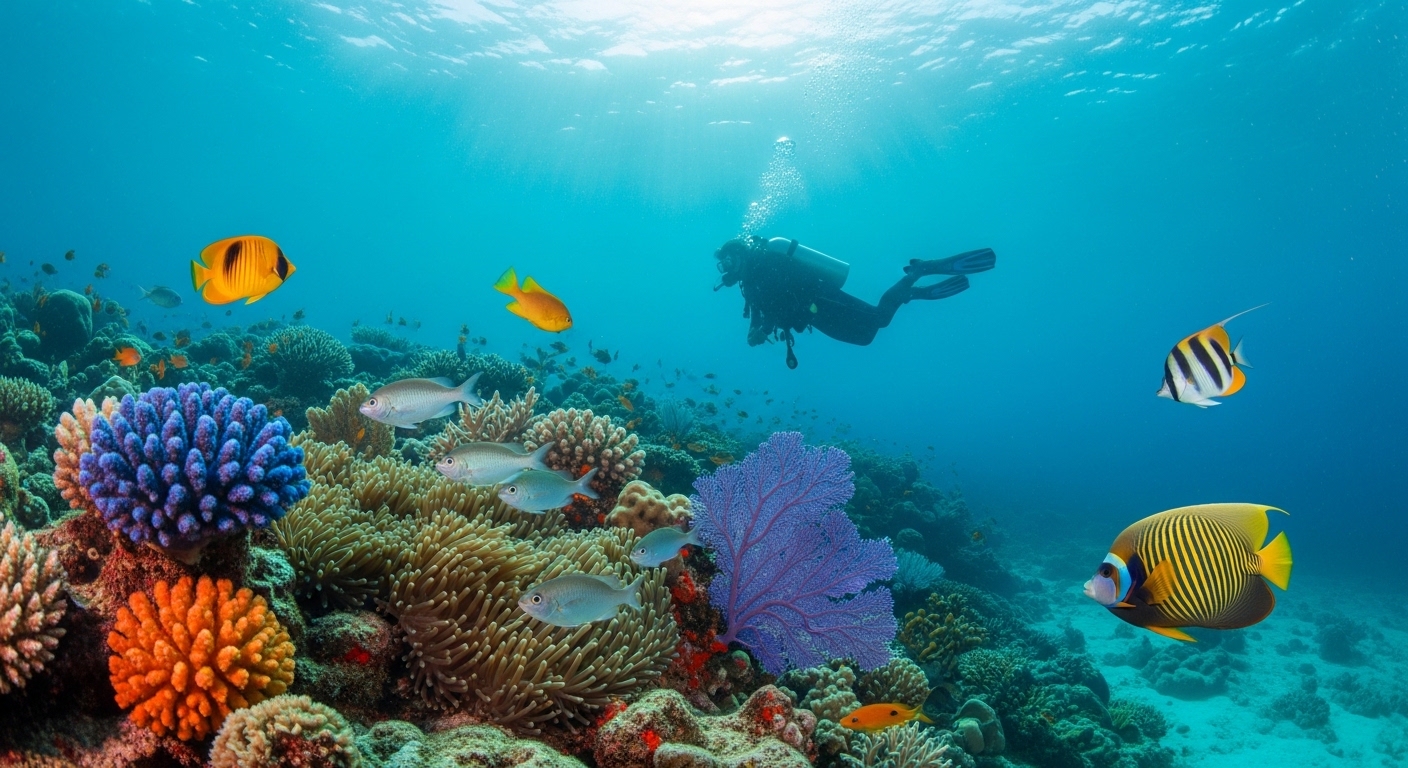 Taucher über Korallenriff auf Koh Tao im Januar mit klarem Wasser