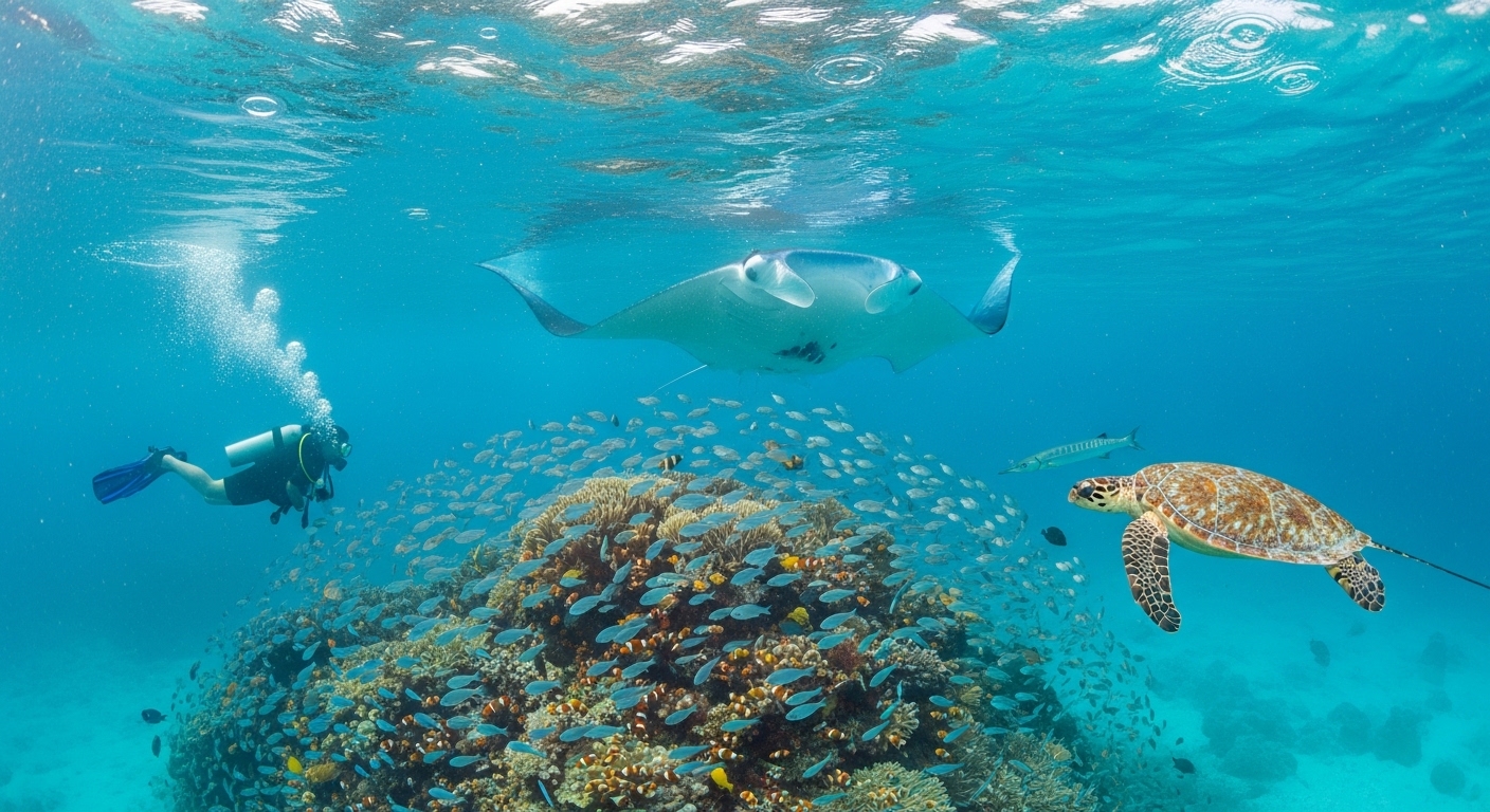 Tropischer Regenschauer über dem Meer bei Koh Tao mit Tauchboot im Mai