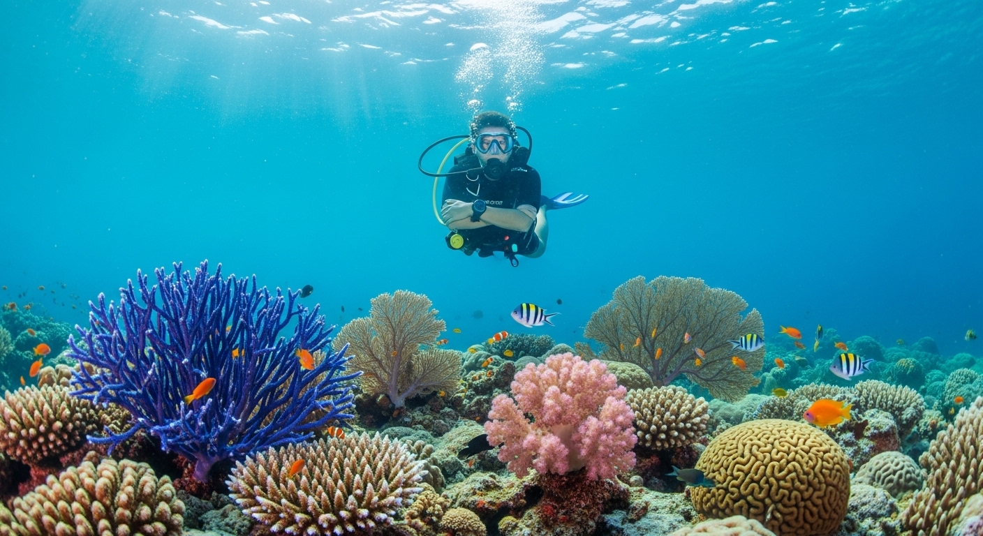 Taucher schwebt über buntem Korallenriff bei Koh Tao mit kristallklarem Wasser