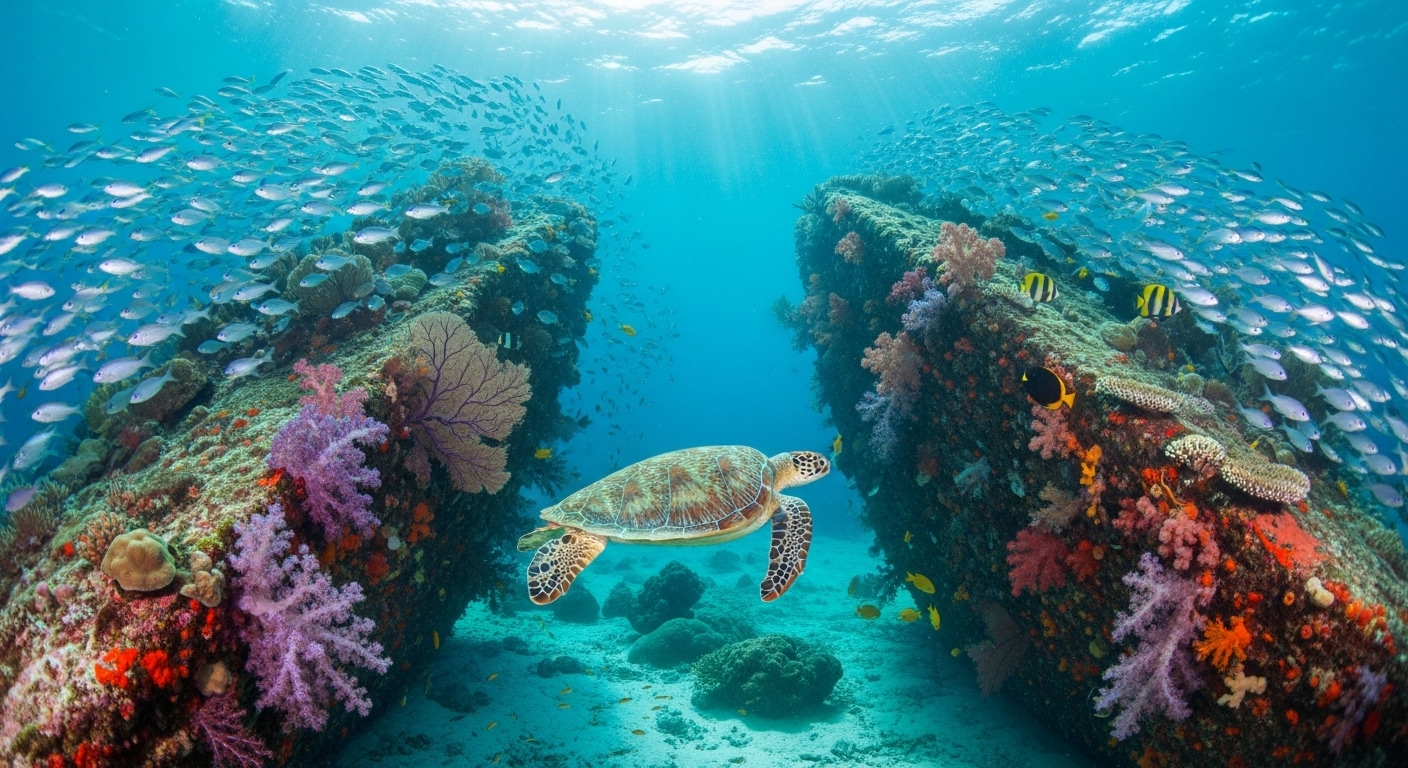 Taucher zwischen den zwei Granitfelsen am Twins Dive Site auf Koh Tao mit Korallen und Fischschwärmen
