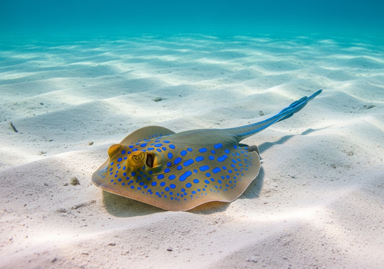 Unterwasserfoto: Blaupunktrochen (Taeniura lymma) in Koh Tao