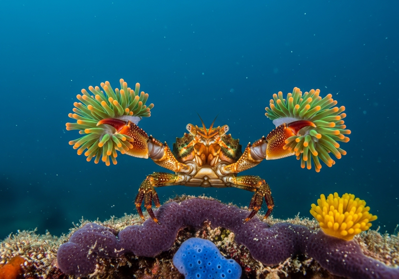 Unterwasserfoto: Boxerkrabbe (Lybia tessellata) in Koh Tao