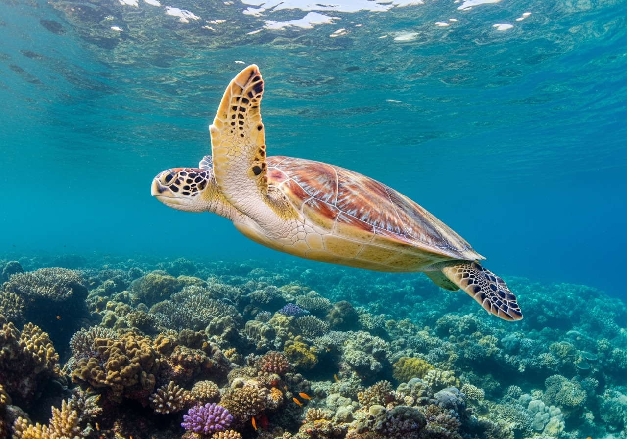 Unterwasserfoto: Grüne Meeresschildkröte (Chelonia mydas) in Koh Tao