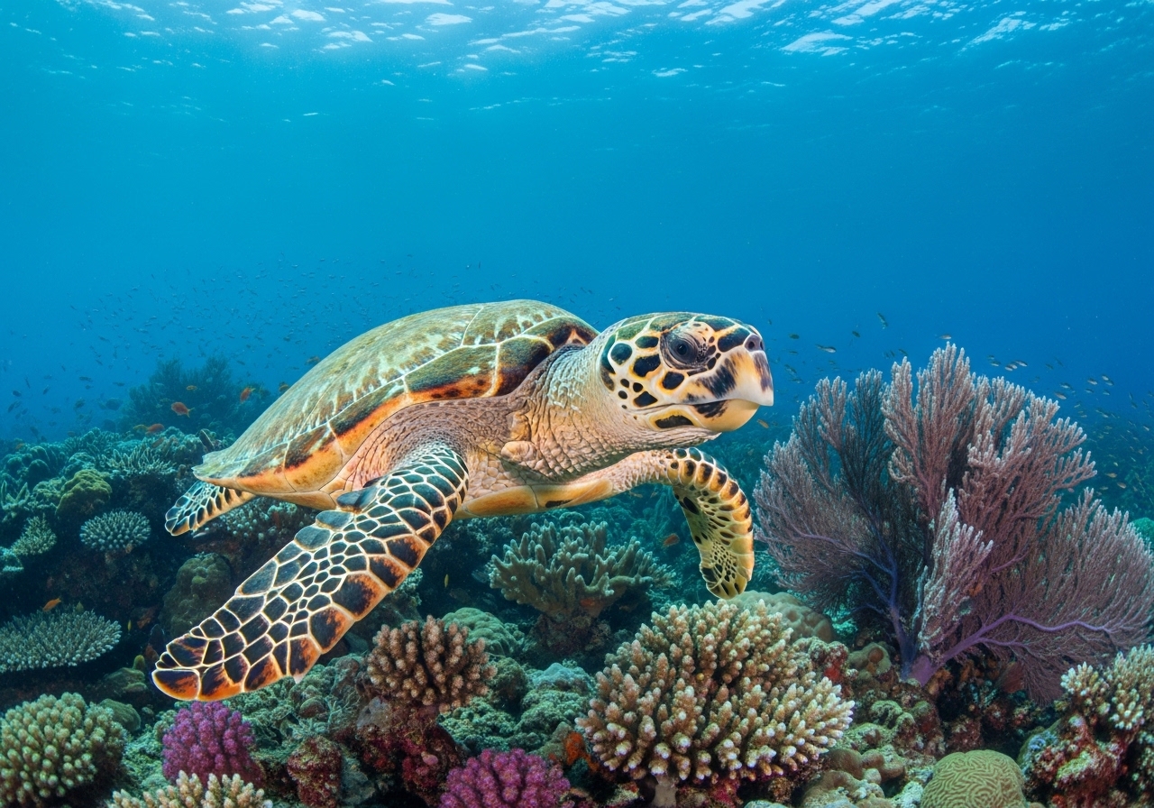 Unterwasserfoto: Echte Karettschildkröte (Eretmochelys imbricata) in Koh Tao