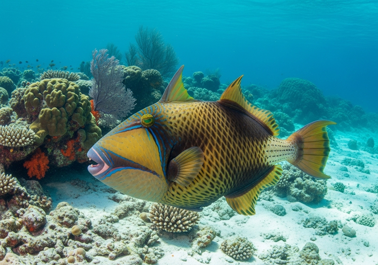 Unterwasserfoto: Riesen-Drückerfisch (Balistoides viridescens) in Koh Tao