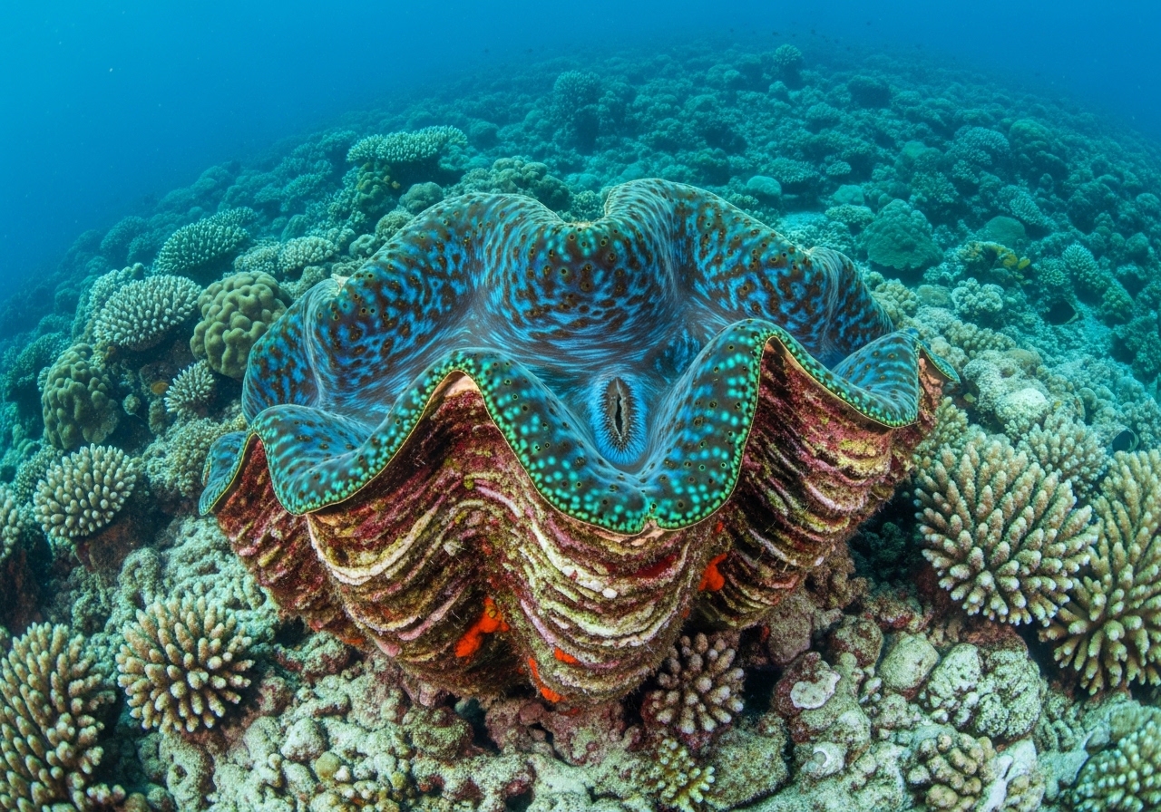 Unterwasserfoto: Riesenmuschel (Tridacna gigas) in Koh Tao